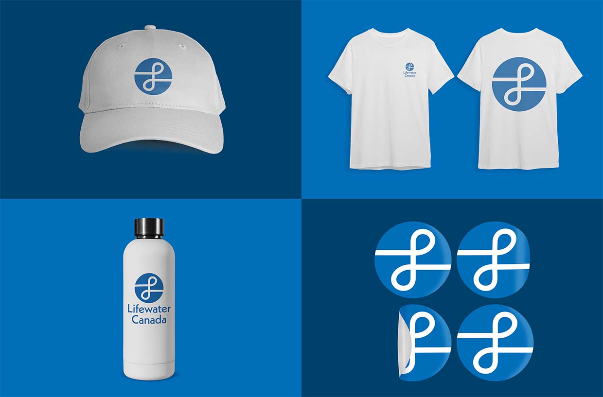 Image of Lifewater merch such as t-shirts, waterbottles, stickers, and a baseball cap