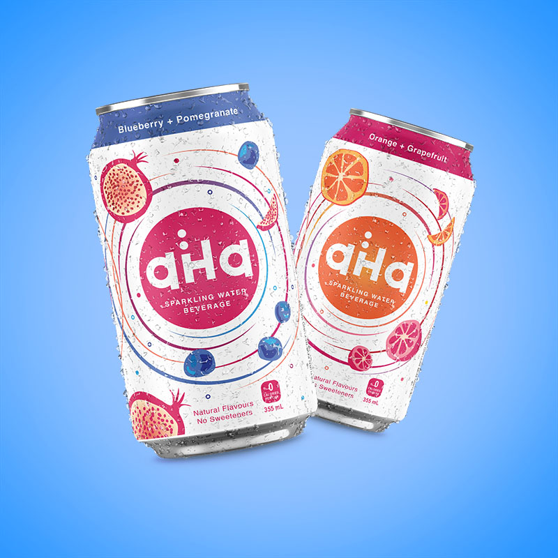 image of 2 beverage cans featuring fruit illustrations